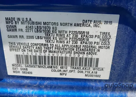 2015 Mitsubishi Outlander Sport Es from USA, damaged, VIN 4A4AR3AW9FE050253
